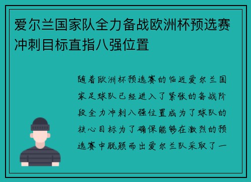 爱尔兰国家队全力备战欧洲杯预选赛冲刺目标直指八强位置