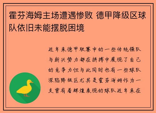 霍芬海姆主场遭遇惨败 德甲降级区球队依旧未能摆脱困境