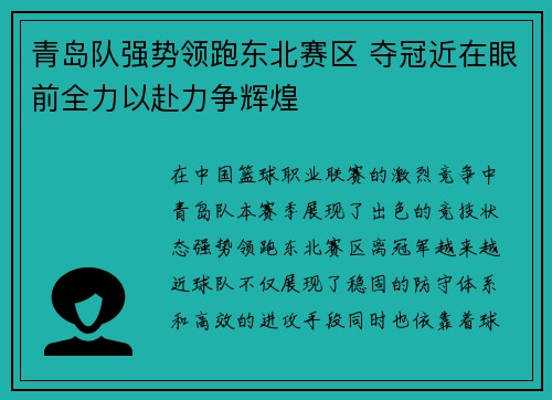 青岛队强势领跑东北赛区 夺冠近在眼前全力以赴力争辉煌