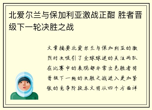 北爱尔兰与保加利亚激战正酣 胜者晋级下一轮决胜之战