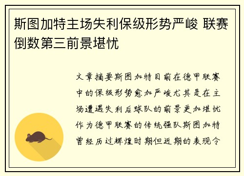 斯图加特主场失利保级形势严峻 联赛倒数第三前景堪忧