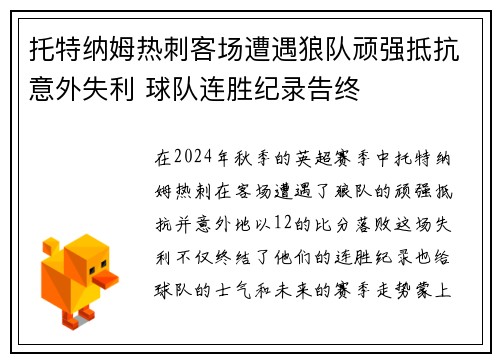 托特纳姆热刺客场遭遇狼队顽强抵抗意外失利 球队连胜纪录告终