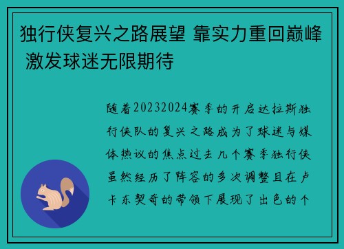 独行侠复兴之路展望 靠实力重回巅峰 激发球迷无限期待