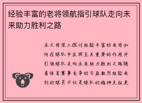 经验丰富的老将领航指引球队走向未来助力胜利之路