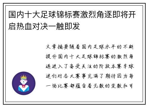 国内十大足球锦标赛激烈角逐即将开启热血对决一触即发