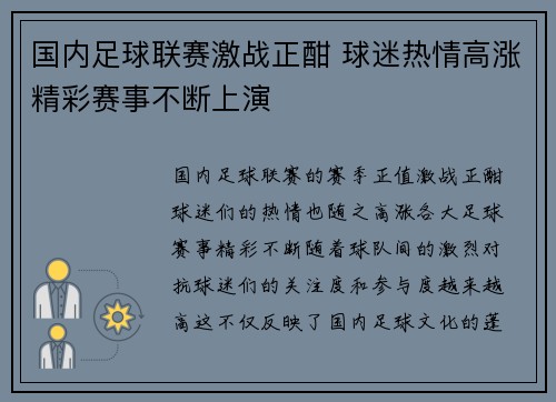 国内足球联赛激战正酣 球迷热情高涨精彩赛事不断上演