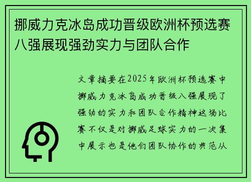 挪威力克冰岛成功晋级欧洲杯预选赛八强展现强劲实力与团队合作