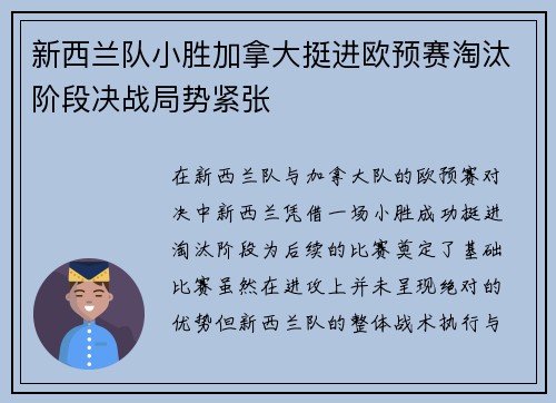 新西兰队小胜加拿大挺进欧预赛淘汰阶段决战局势紧张
