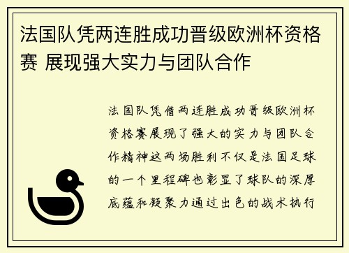 法国队凭两连胜成功晋级欧洲杯资格赛 展现强大实力与团队合作