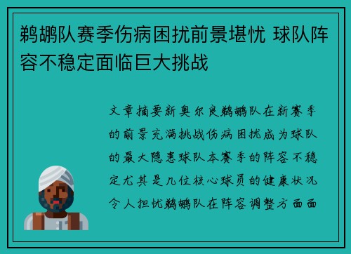 鹈鹕队赛季伤病困扰前景堪忧 球队阵容不稳定面临巨大挑战